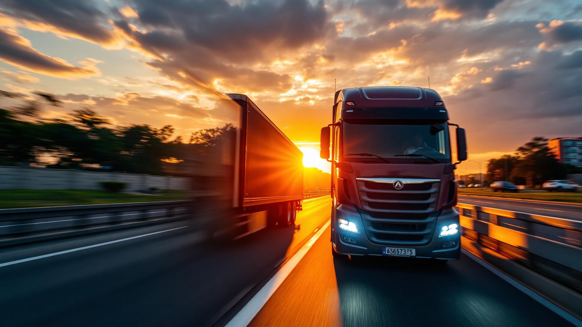 Caminhão G&D Transportes em rodovia ao pôr do sol